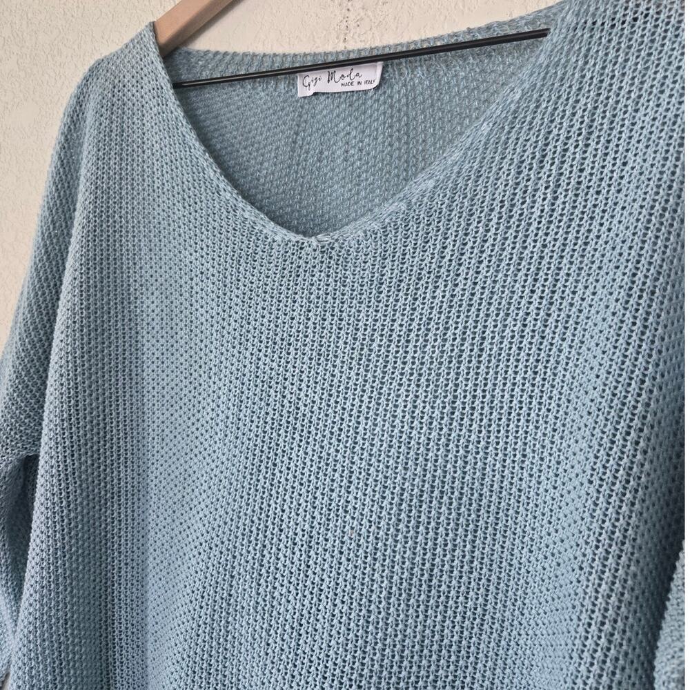Gigi Moda Italy Open Knit V-Neck Sweater Blue Green Medium Oversized Lightweight - Picture 3 of 6